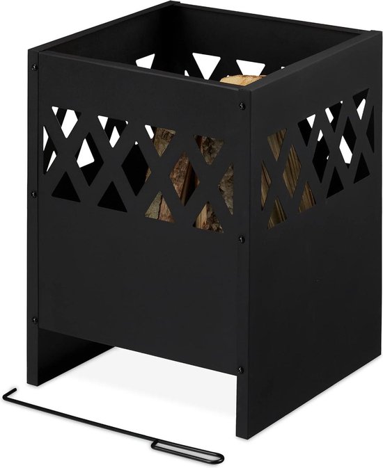 Outsunny Vuurkorf met Vonkenscherm en Pook - Vuurplaats met Opbergplank voor Tuin en Terras - Metaal - Zwart