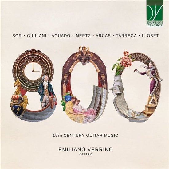Albumhoes met '800' in sierlijke letters, met klok, twee figuren en boeken. 19th Century Guitar Music, Emiliano Verrino.