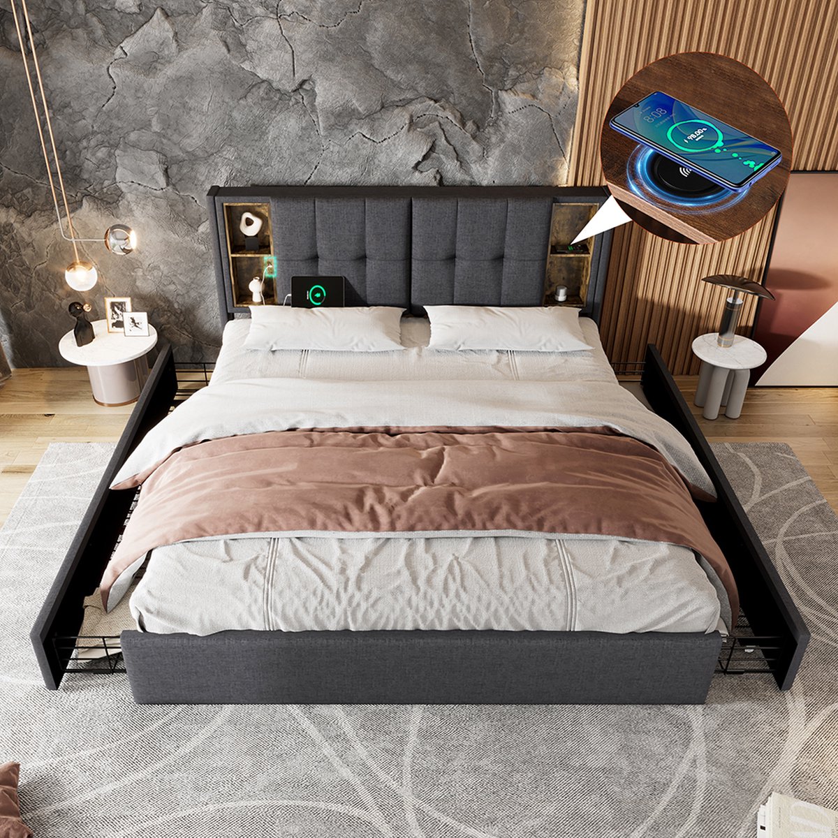 KOMHTOM Tweepersoonsbed 160x200cm Volwassenen Bed met 4 lades fluwelen Beige Met matras Grijs