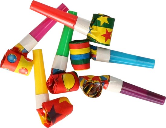 Faram Party Blaas toeters - roltongen party mini toetertjes - 6x stuks - Mix kleuren - papier