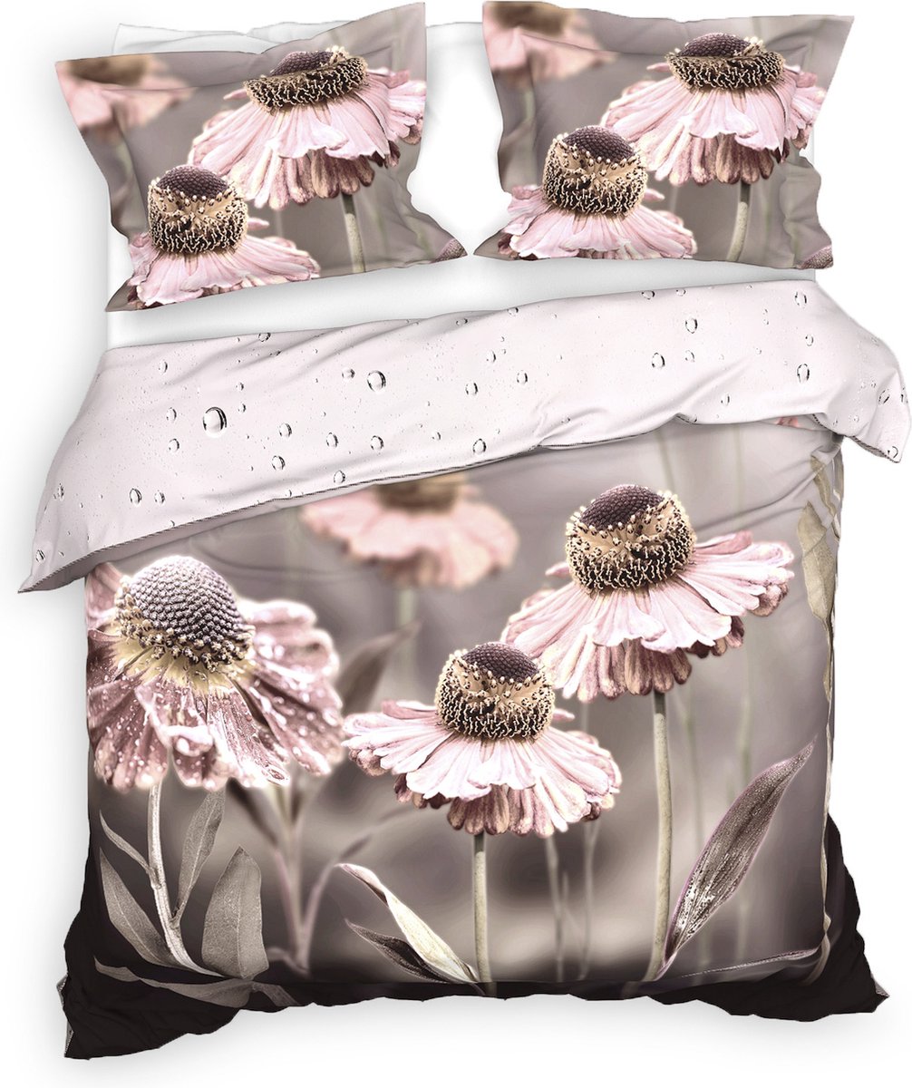 Heckettlane Dekbedovertrek Zalia - Bedlinnen met Bloemen print - Grijs - Dekbedhoes van 100% Katoen-Satijn
