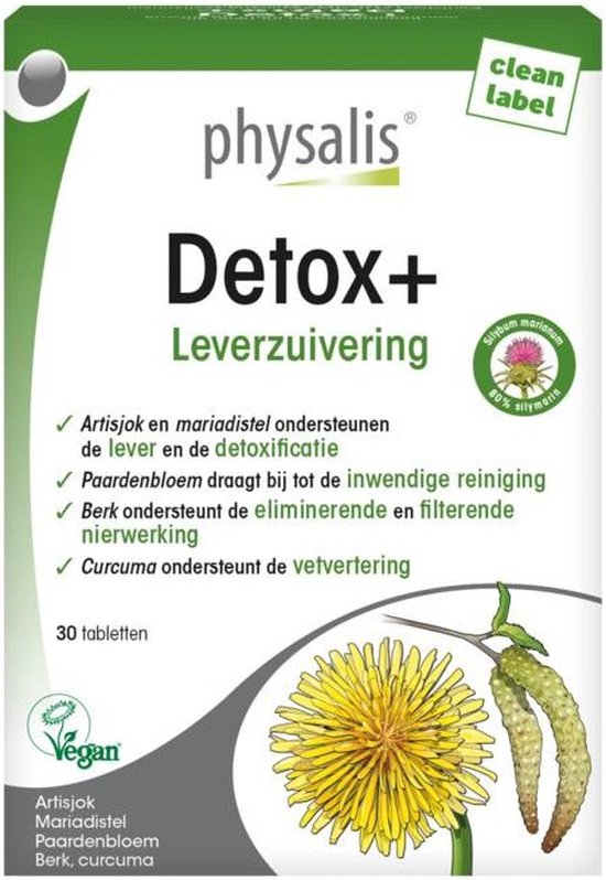 Verpakking Physalis Detox+ Leverzuivering met 30 tabletten. Groene en grijze doos met afbeeldingen van een paardenbloem en een mariadistel.