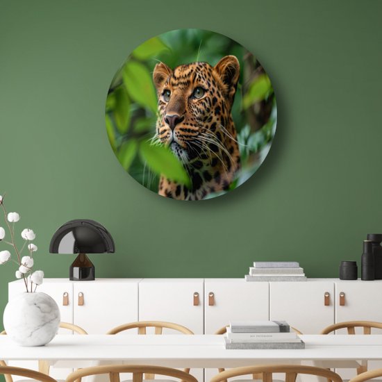 Assiette murale Léopard - Tableau rond Animaux - Cercle mural Feuilles - Décoration murale moderne - Tableau - Décoration murale cercle mural aluminium 60x60 cm