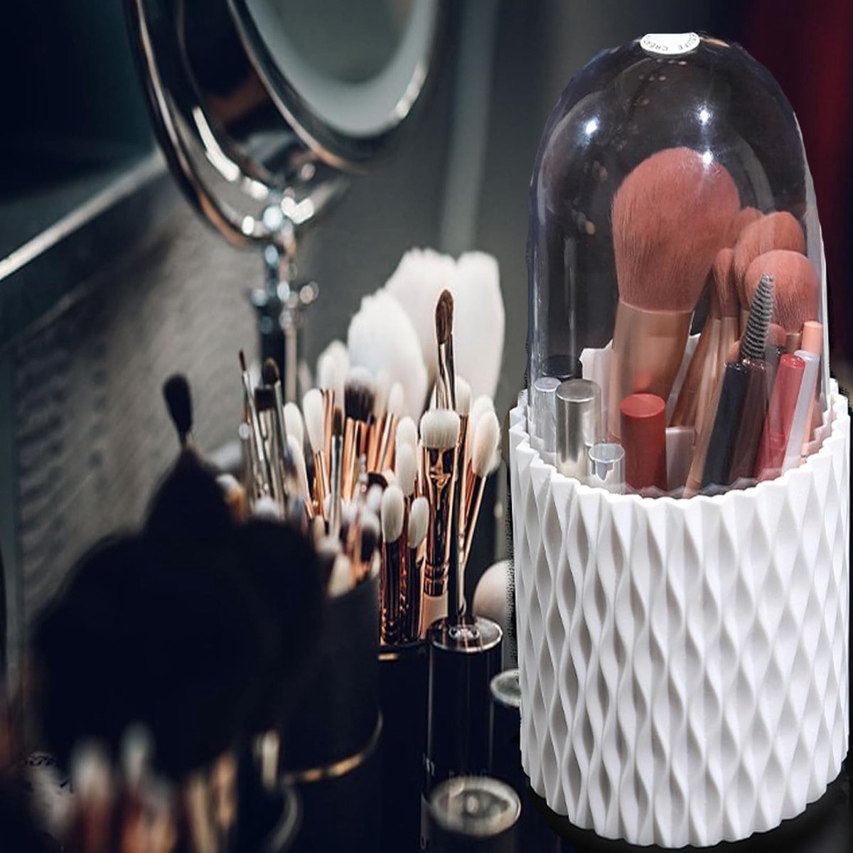 Cosmetica make-up organizer met stofbescherming 360 graden draaibare kwast organizer voor make-uptafel slaapkamer badkamer pennenhouder organizer voor kantoor school draagbaar voor