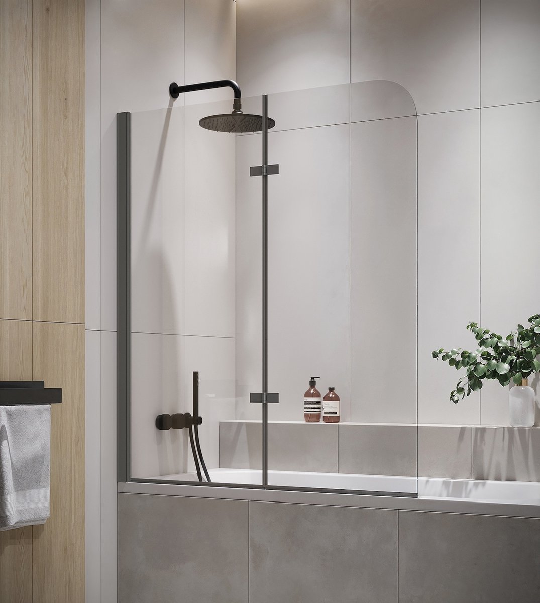 Badplaats Badwand Austin 120 x 140 cm – Grijs – Badscherm Draaibaar 5 mm dik – Veiligheidsglas en Antikalk