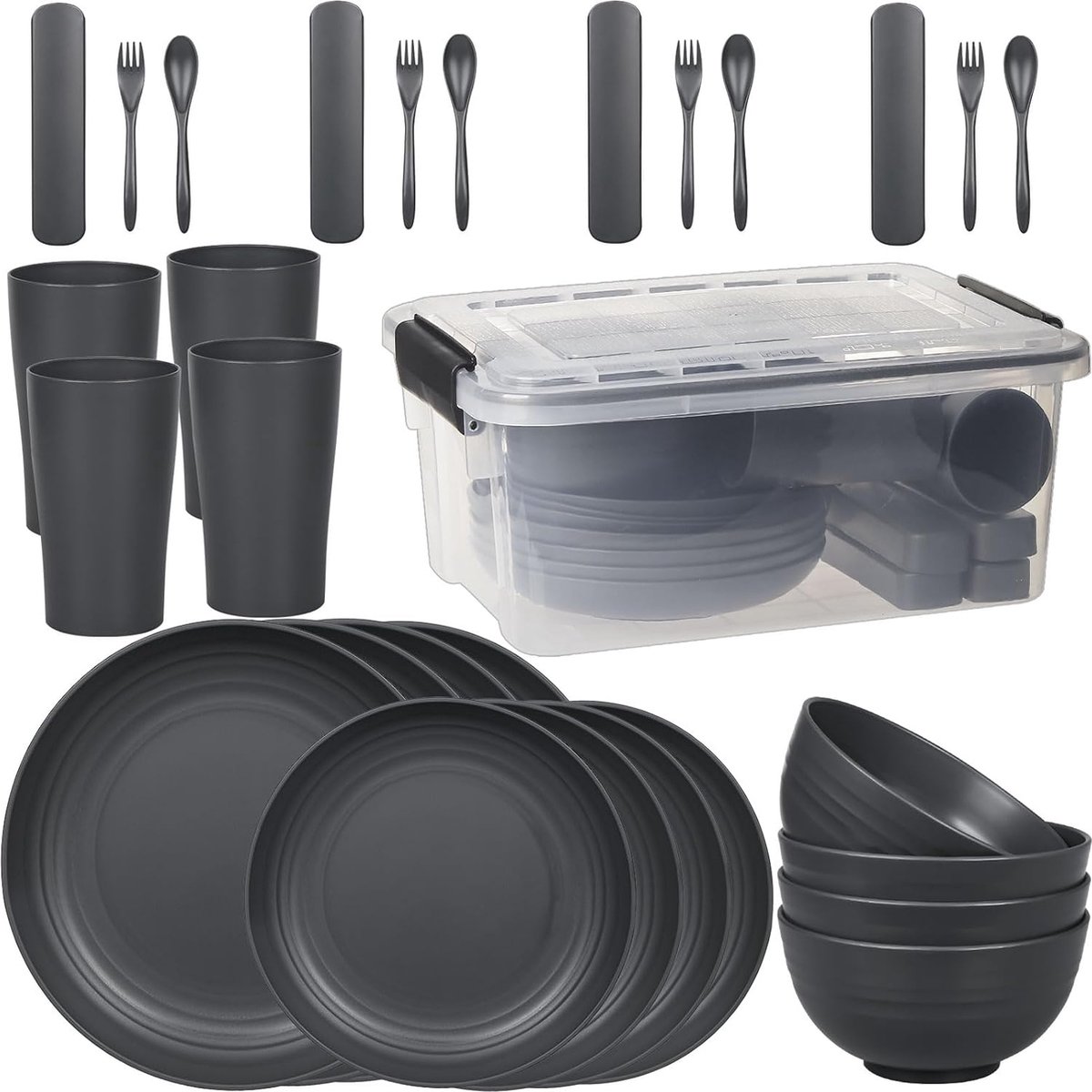 Campingservies van kunststof (29 stuks) onbreekbare serviesset met doos en bestek voor 4 personen picknickservies plastic servies met borden kom bekerset voor buiten RV