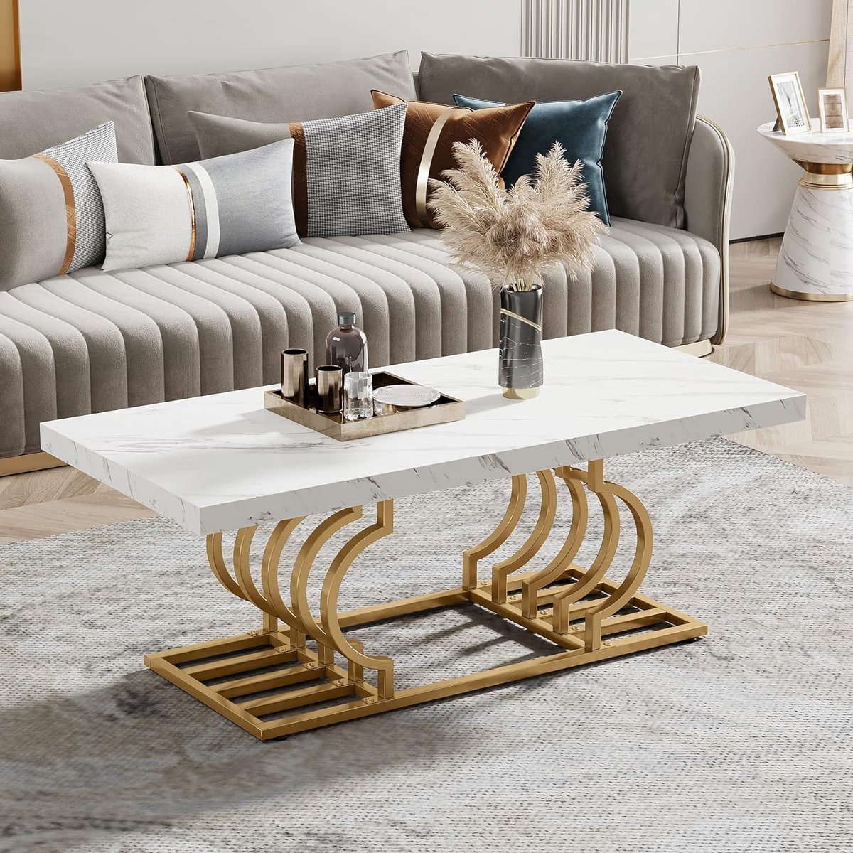 Tribesigns Salontafels Modern - Salontafel met Geometrisch Frame - Bijzettafel Goud - Tafel - Sidetable - Nep-Marmer - 120 x 50 x 50 cm Goud en wit