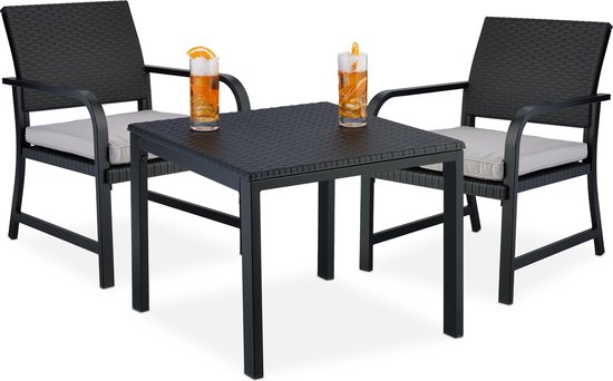 Foto: Relaxdays 3 delige balkonset kussens kunststof staal rotanlook tuintafel met 2 stoelen