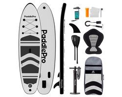 LifeGoods PaddlePro SUP Board - met Zitje - Opblaasbaar Paddle Board - Complete Set - Max. 150KG - 320x81cm - Wit/Zwart