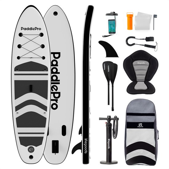 LifeGoods PaddlePro SUP Board - met Zitje - Opblaasbaar Paddle Board - Complete Set - Max. 150KG - 320x81cm - Wit/Zwart