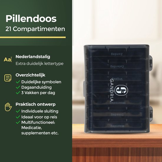 Gandria Pilulier 7 Jours - Pilulier Amovible - Boîte à Médicaments avec 21 Compartiments - Boîte à Médicaments avec Fermeture Robuste - 3 Compartiments par Jour - Zwart