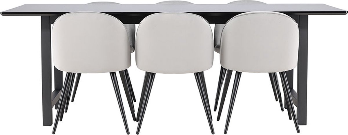 Oslo eethoek eetkamertafel 100x220cm zwart en 6 Skagen stoel velours grijs.