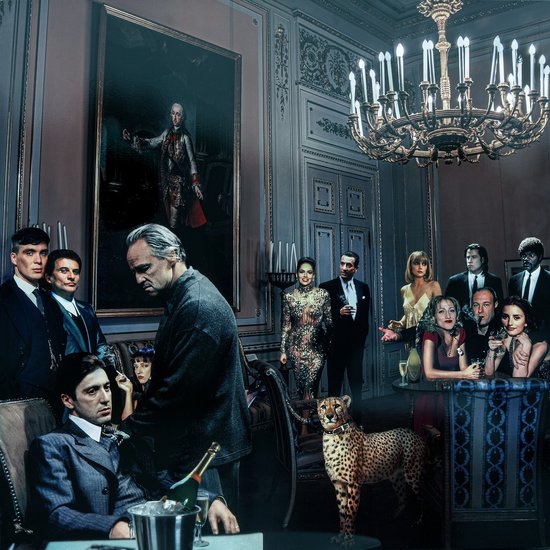 Glasschilderij - Gangsters Verzameld, Marlon Brando, Al Pacino, Samual L Jackson, John Travolta e.v.a