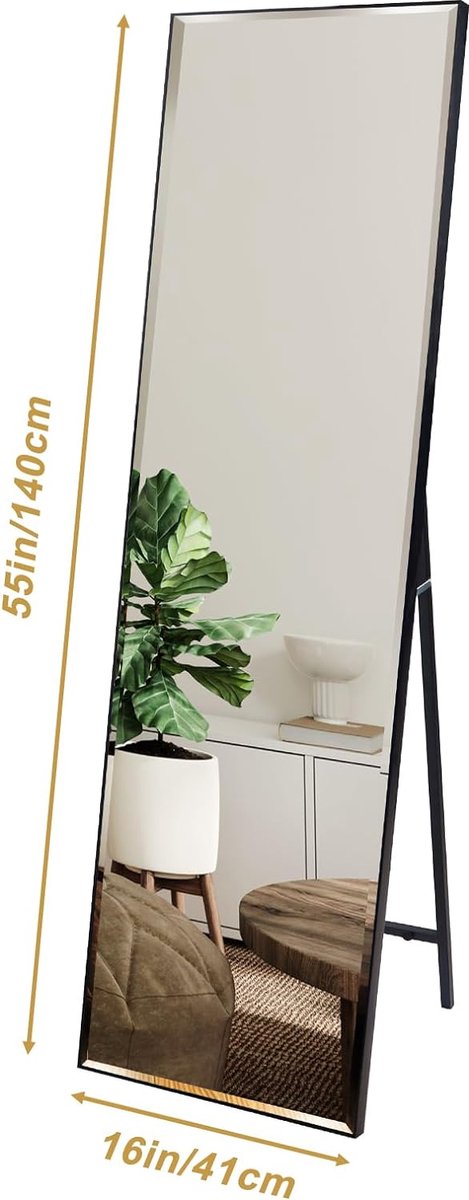 CASSILANDO Staande spiegel, 165 x 60 cm, grote staande spiegel met dun frame, om op te hangen of tegen de muur te zetten, voor slaapkamer, zwart
