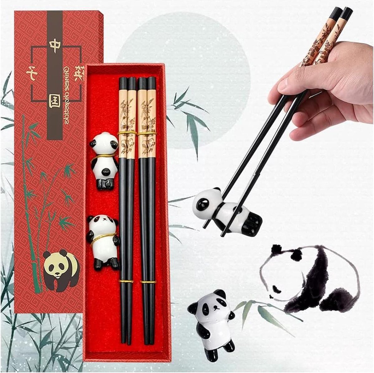 Herbruikbare eetstokjes panda eetstokhouder in geschenkdoos voor Aziatische gerechten sushi pasta noedels rijst en hete pot 2 paar zwart met Voyyphixa