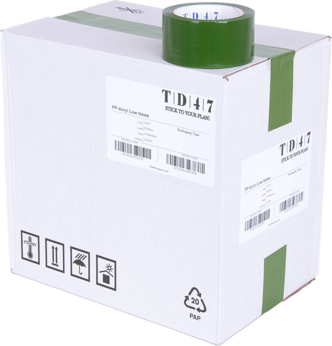 TD47 Verpakkingstape PP low noise 50mm x 66m Groen (Doos 36 Rollen)