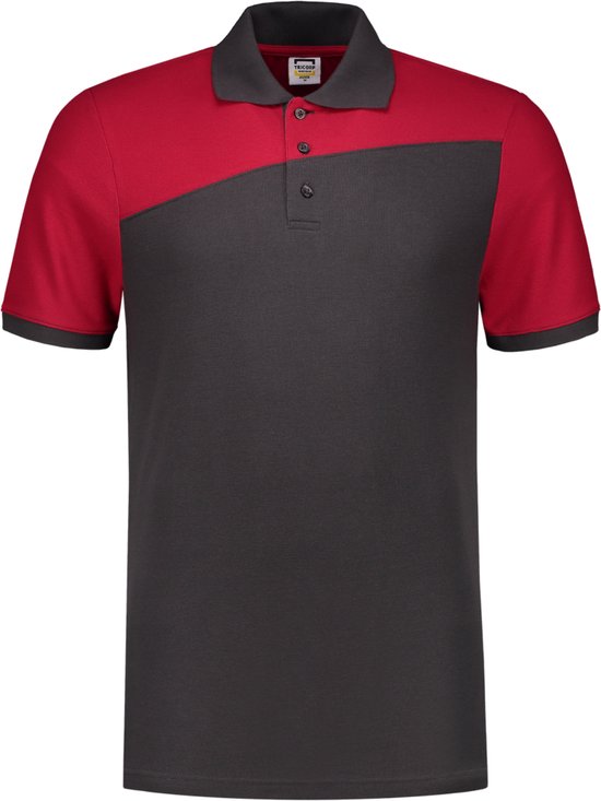 Donkergrijs poloshirt met rode schouder- en mouwpanelen en een schuine naad. Tweekleurige boord aan de mouwen.