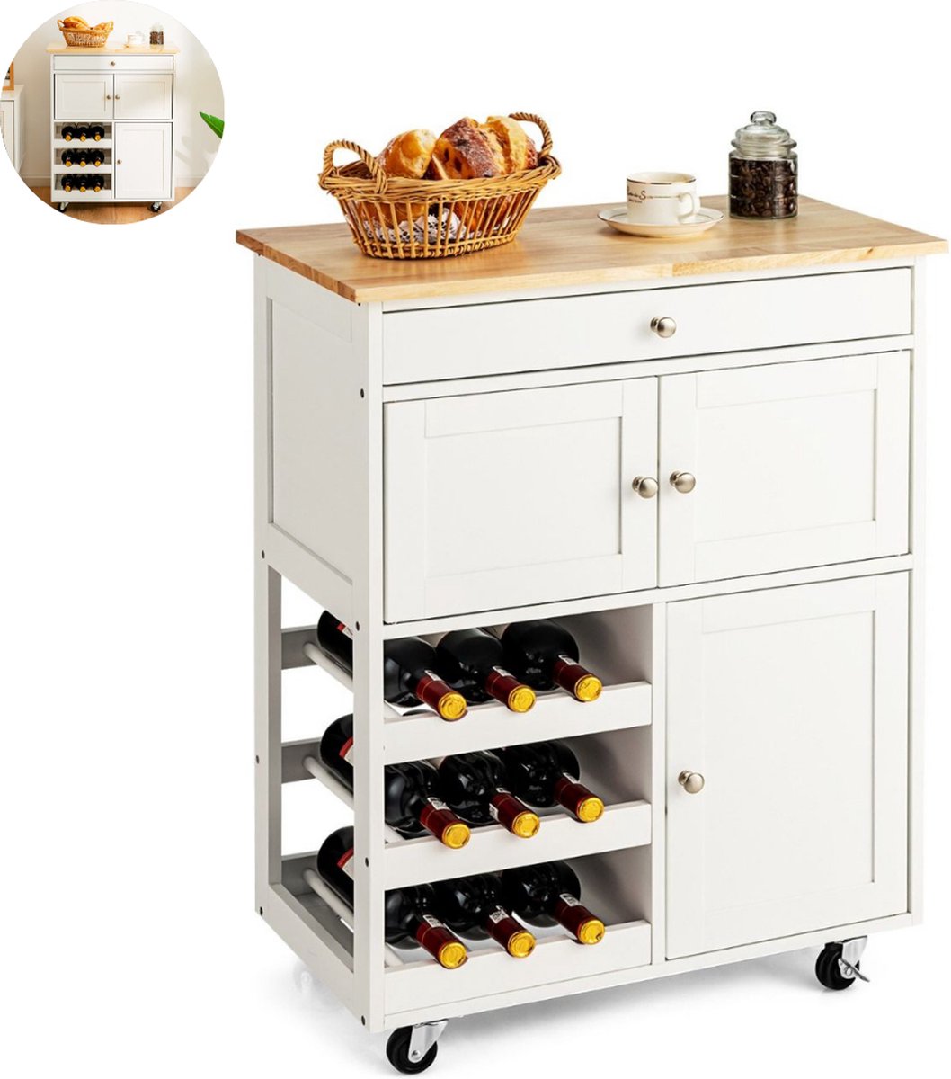 Keukeneiland - Verplaatsbaar - Keukenkast - Dressoir - Organizer - Kasten - Houten Werkblad - Lade - Zwart