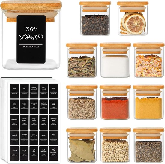Kruidenpotjes Vierkant - Set van 12 - 120 ml - Luchtdicht - Bamboe deksels Upgrade je