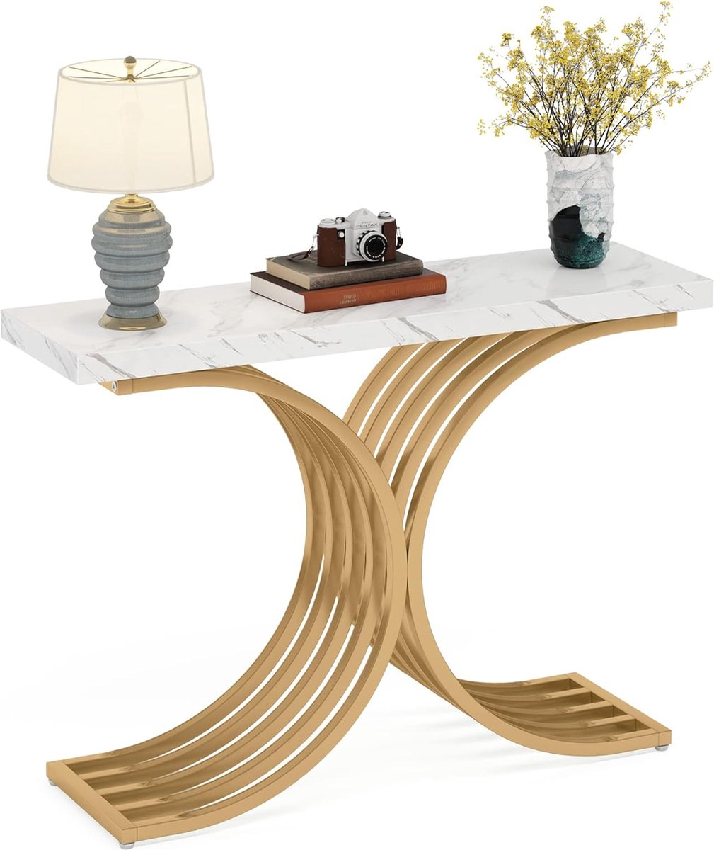 TRIBESIGNS Consoletafel - Sidetable met C-vormige gouden metalen poten - Haltafel - Wandtafel - 100x30x80 cm - Goud / Wit - Metaal / Hout - Modern - Console Tafel