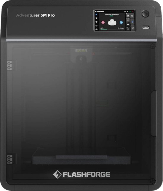 Zwarte Flashforge Adventurer 5M Pro 3D-printer met touchscreen.