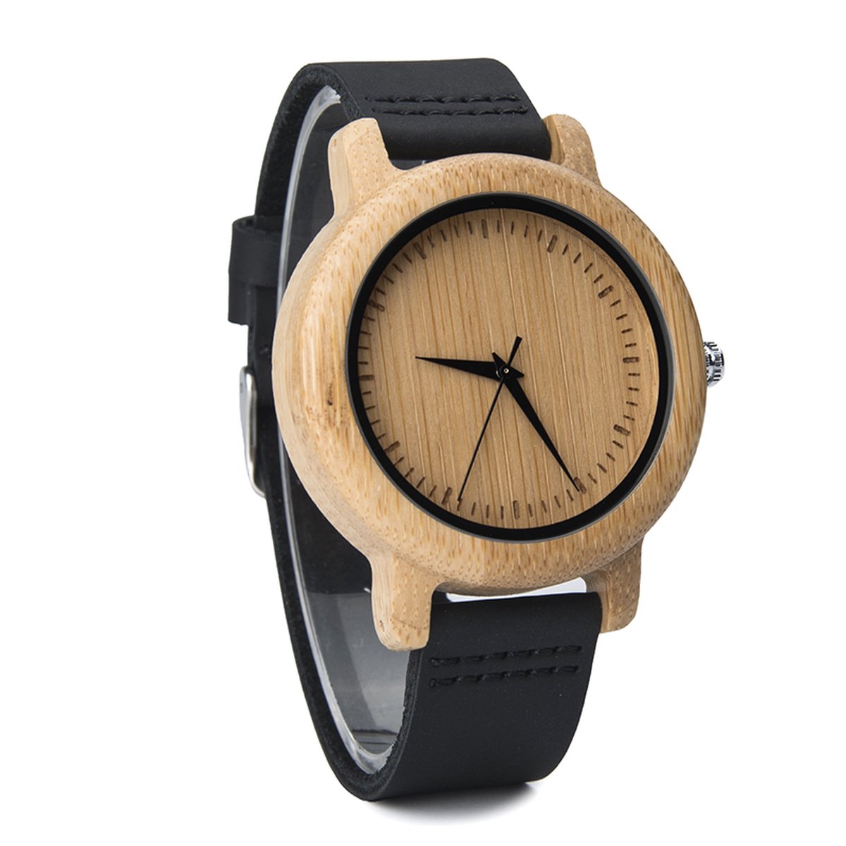 HO24-A21.1 : Licht houten horloge, zwart leder met pu band, gespsluiting