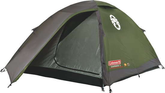 Groene en grijze Coleman Darwin 3 koepeltent met open ritssluiting, op witte achtergrond.