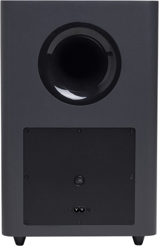 Achterkant van de zwarte JBL subwoofer met woofer en aansluitingen.