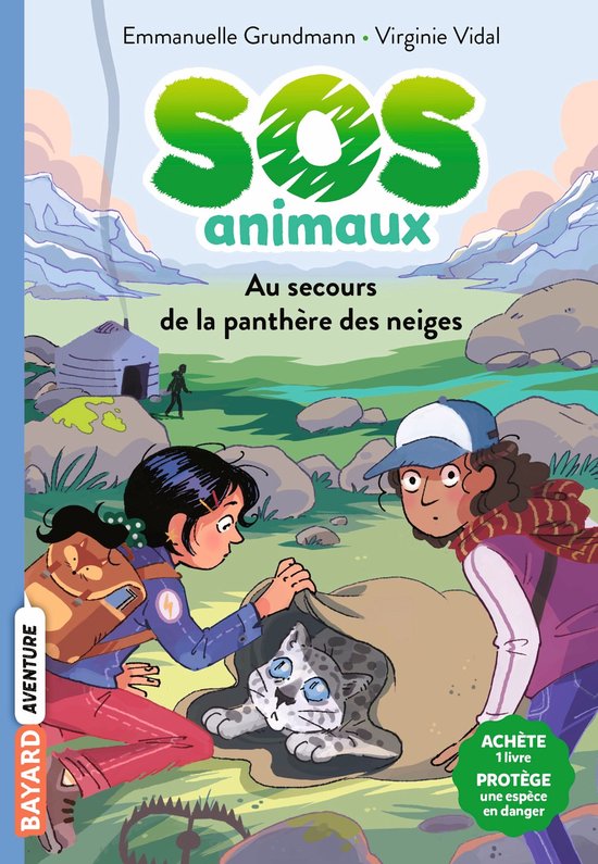 Boekcover: SOS Animaux, met de tekst "Au secours de la panthère des neiges". Twee kinderen helpen een sneeuwpanter.