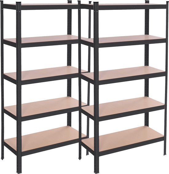 Twee gekoppelde zwarte metalen stellingkasten met houten planken, op een witte achtergrond.