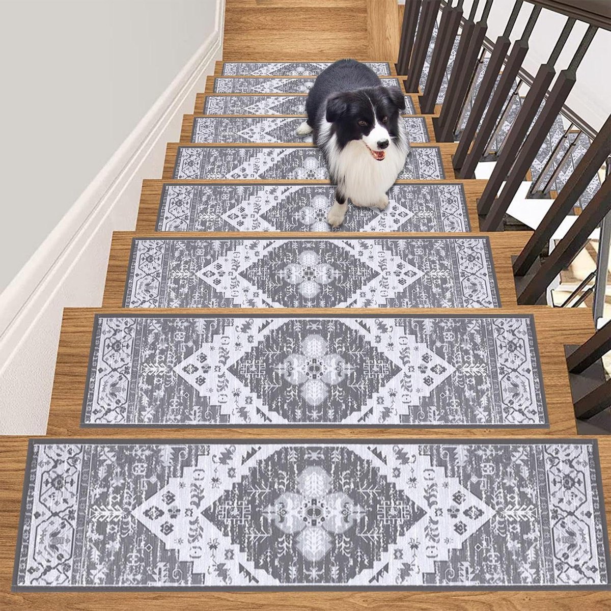 Carpet Stair Treads Non-Slip Grey 15 Pieces 76 x 20 cm Self-Adhesive Mats - Removable Rugs Tiles - Safety Protection for Children Elderly and Pets trapmatten