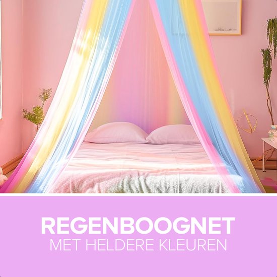Regenboog klamboe met heldere kleuren boven een tweepersoonsbed. Tekst 'REGENBOOGNET MET HELDERE KLEUREN' is zichtbaar.