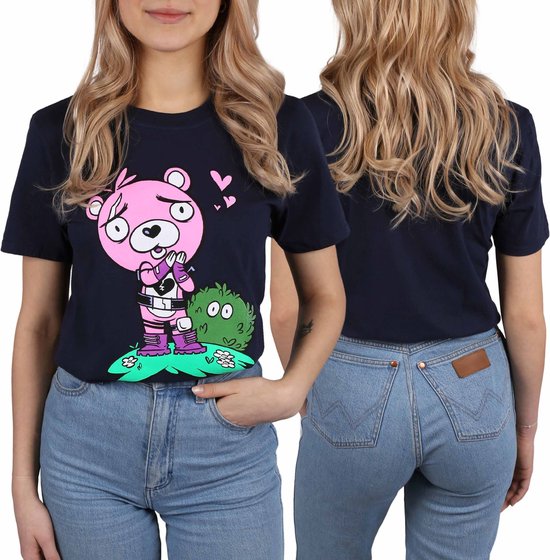 FORTNITE Blauwe Damesshirt met Roze Beer Print Korte Mouw