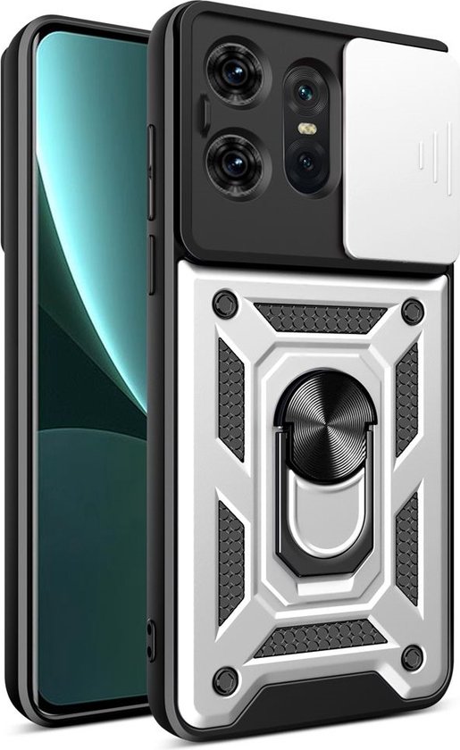 MobyDefend Hoesje - Geschikt voor Motorola Edge 50 Pro - Pantsercase Met Draaibare Ring - Zilvergrijs