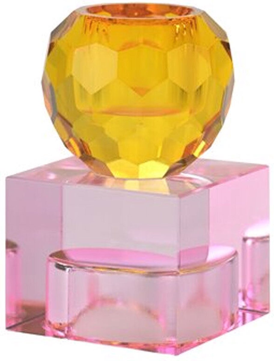 Kleurrijke Glazen Kandelaar Sari - Cube - Geel - Roze - Licht Roze - Glas - Kristal - Geslepen - Waxinelichthouder