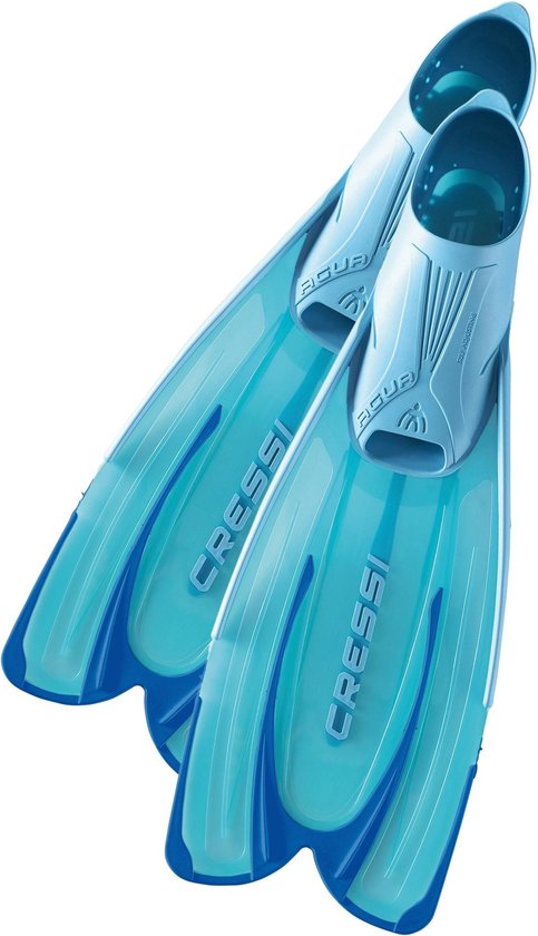 Deux palmes Cressi turquoise avec des bords bleu foncé et des semelles, imbriquées.