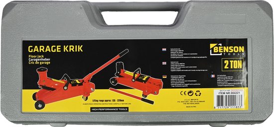 Grijze koffer met 'Benson Tools' logo en afbeelding van rode autokrik, 2 ton.
