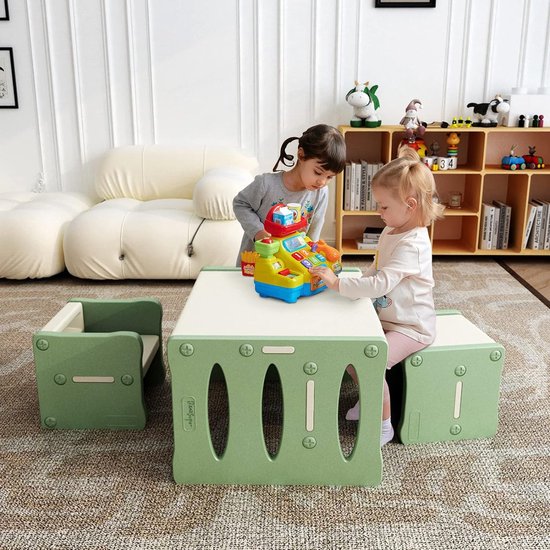 Yorbay Table and Chair Set for Children, Children's Desk with 1 Stool, Children's Seat Group 3-in-1 Reversible Stool and Children's Bench, Children's Furniture (Nature, M