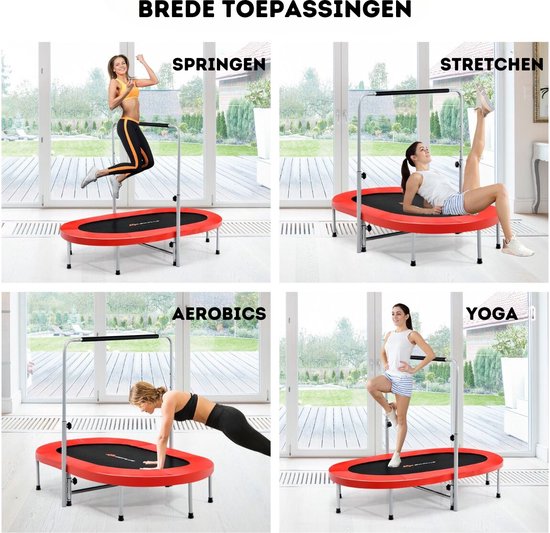 Vier afbeeldingen van een rode trampoline die gebruikt wordt voor springen, stretchen, aerobics en yoga.