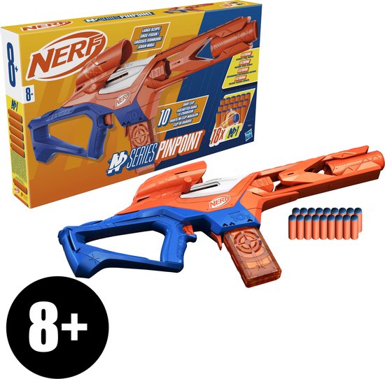 Doos en oranje/blauw Nerf N-Series Pinpoint blaster met 18 darts en 8+ leeftijdsindicatie.