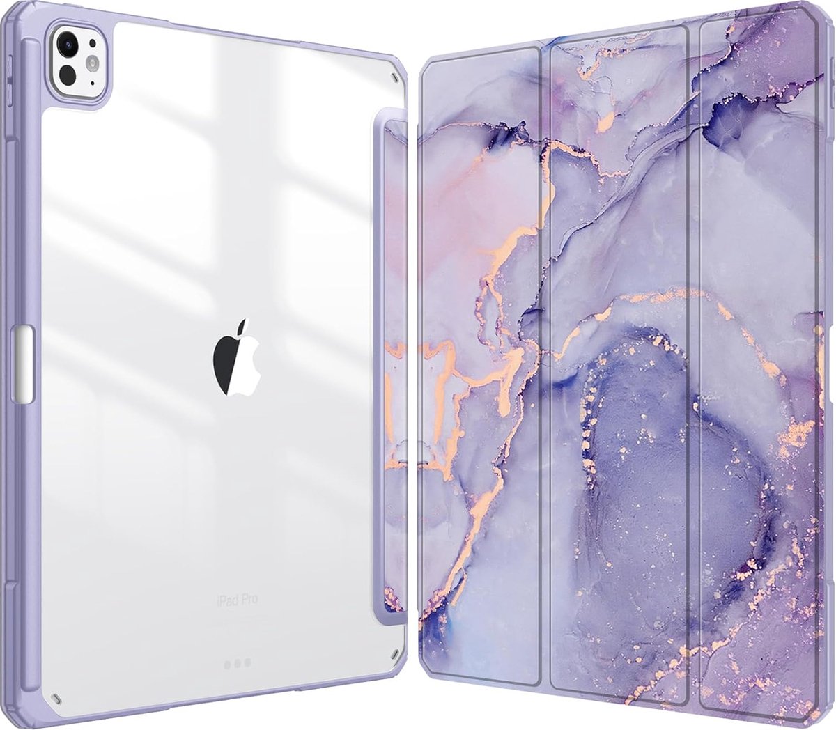 Geschikt voor Apple iPad Pro 13 inch (M4) 2024 - Book Case - Schokbestendige Hoes Met Doorzichtige Transparante Achterkant - Ingebouwde potloodhouder - Lila Marmer