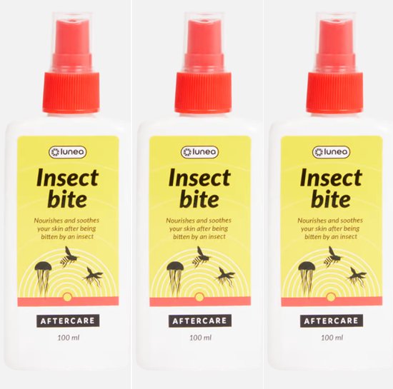 Drie witte flacons met rode dop, gele etiketten met 'Insect bite' en afbeeldingen van insecten.