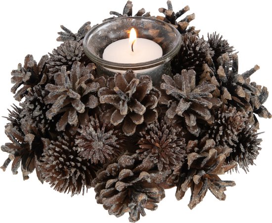 J-Line theelichthouder Krans - dennenappels - glas - donkerbruin