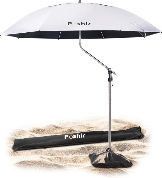 Parasol voor strand, reizen, windbestendig, stabiel, strandscherm, groot, klein, uv-bescherming 50, strandzonwering, licht draagbaar, diameter 180 cm, strandparasol, stormparasol met grondpen