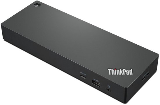 Zwarte Lenovo ThinkPad docking station met 'ThinkPad' logo. Linksboven een powerknop met LED.