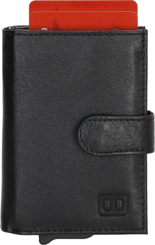 Porte Double-D / Porte-cartes de crédit - Compartiment monnaie et billets - Anti Skim - 8 cartes - 100% Cuir - Zwart