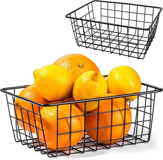 Zwarte draad fruitschaal, 28 x 8 cm grote metalen fruitmand, modern. Hoedt het fruit langer vers