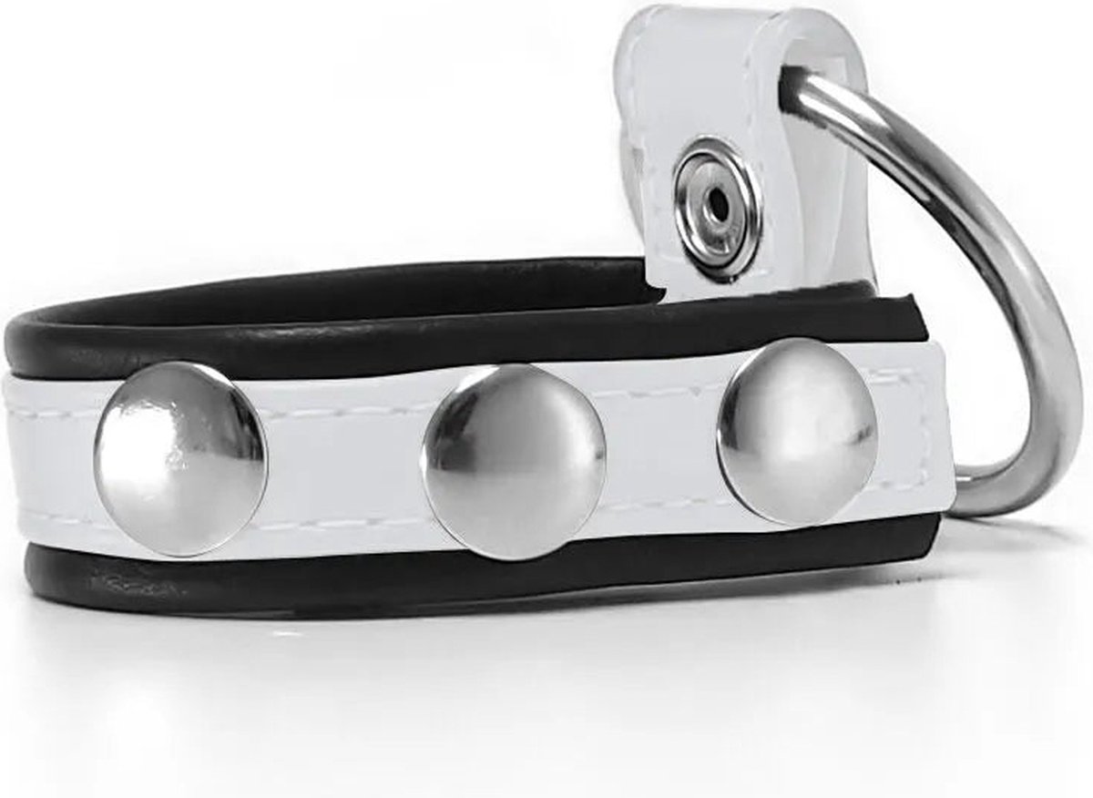 Goedkoopste Black Label - Leren Cockstrap met Metalen Penisring - Zwart/Wit