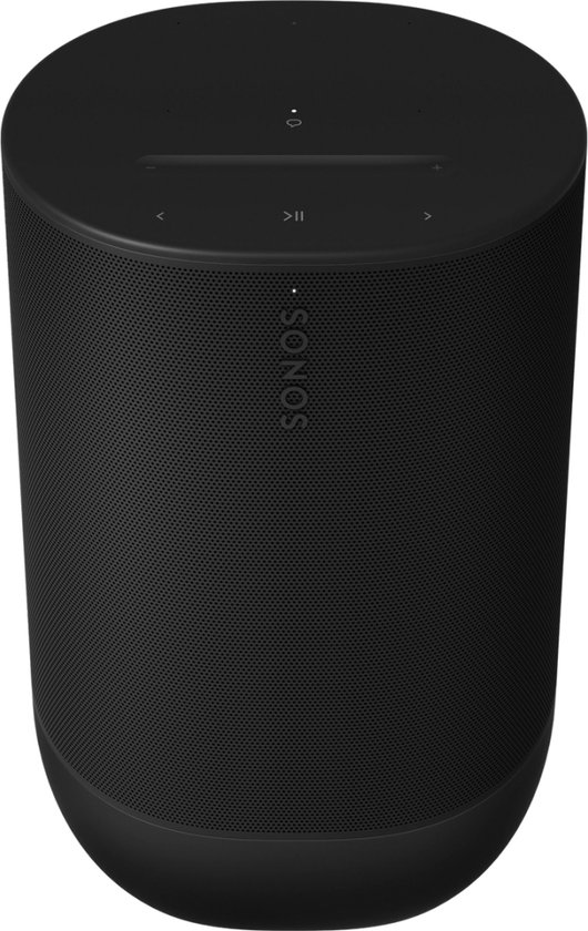 Zwarte Sonos Move speaker, schuin van bovenaf gezien, met bedieningselementen.