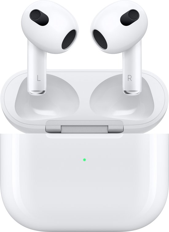 Witte AirPods met 'L' en 'R' op de oordopjes, in een open witte oplaadcase met groen lampje.